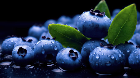 Fresh blueberries with water drops on black background. Shallow dof.の素材