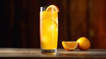 Orange juice in a glass on a wooden table. Close-up.の素材