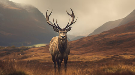 Majestic red deer stag with large antlers in Scottish Highlandsの素材