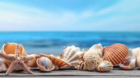Seashells and starfish on wooden pier on blue sea backgroundの素材