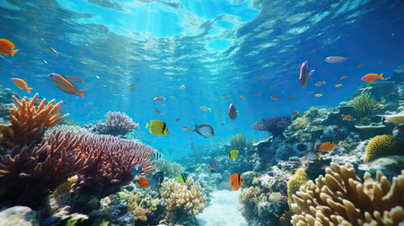 Underwater view of coral reef with tropical fish, underwater world.の素材