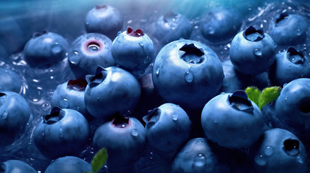 Blueberries with water drops close-up. Blueberry background.の素材