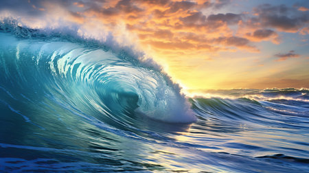 Surfing ocean wave at sunset time. 3D Rendering.の素材
