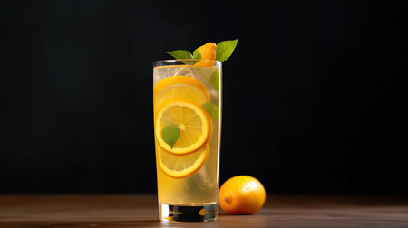 Refreshing lemonade with orange and mint on a black backgroundの素材