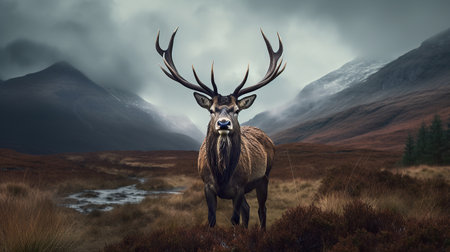 Deer in the Scottish Highlands with stormy sky - 3D renderの素材