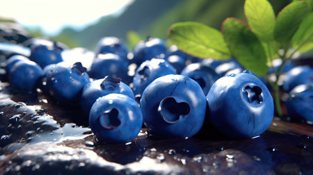Blueberry cake with fresh blueberries on wooden table, closeupの素材