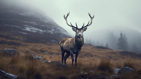 Red Deer (Cervus elaphus) stag with big antlers on a hillside in Scotlandの素材