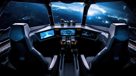 Cockpit of a spaceship with view on space and stars.の素材