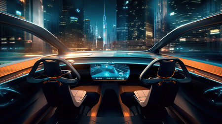 View of the inside of a modern car driving in the city at nightの素材