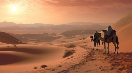 Camels in the Sahara desert at sunset. 3d illustration.の素材