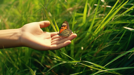 butterfly in the hands of a child on a background of green grassの素材