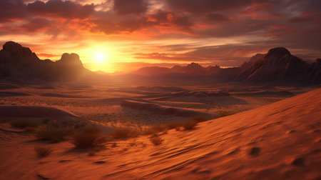 3D rendering of a desert landscape with a beautiful sunset in the backgroundの素材