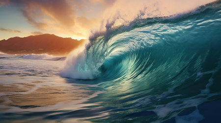 Ocean wave at sunset. Blue ocean wave with beautiful sunset sky.の素材