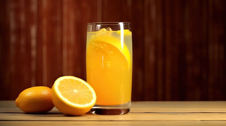 Glass of fresh orange juice with ice cubes and lemons on wooden tableの素材
