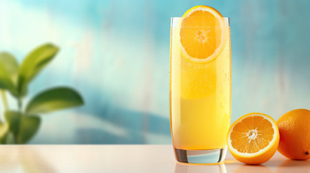 Glass of fresh orange juice on table against blurred background with copy spaceの素材