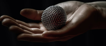 Close up of a human hand holding a disco ball on a dark backgroundの素材