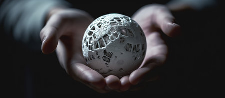 Close-up of a man's hand holding a 3d model of a planet earthの素材