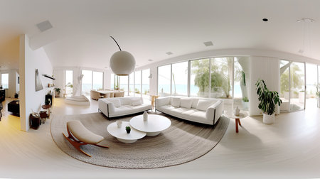 3d rendering of modern living room with sea view and white sofaの素材