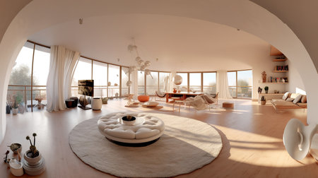 Interior of a modern living room with a large panoramic windowの素材