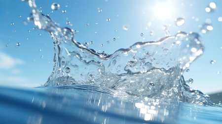 Water splash on blue sky background. 3d render. Water splash.の素材