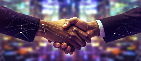 Business people shaking hands over blurred city background. 3D Renderingの素材