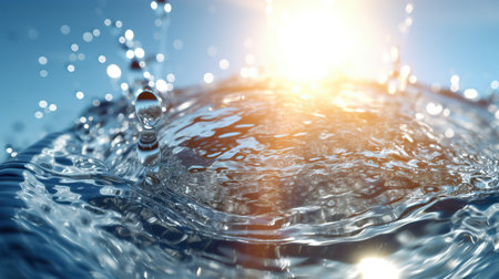 Water drop splash close up on blue background with sun rays. 3d renderingの素材