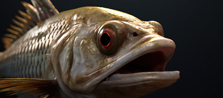 Close-up of a fish head on a black background. 3d renderingの素材