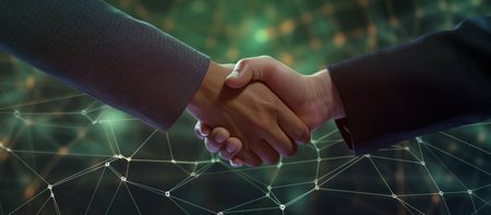 Businessman and businesswoman shaking hands against digitally generated image of networkの素材