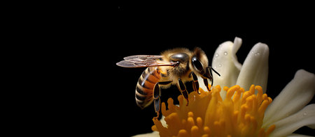 Bee on a flower isolated on a black background. High quality photoの素材