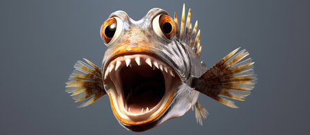 Angry fish with open mouth on gray background. 3d illustrationの素材