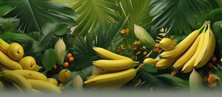 Banana background with tropical leaves and fruits. 3d render illustrationの素材