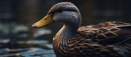 Close up of a duck swimming in a pond. Shallow depth of field.の素材