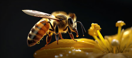 Macro of a bee collecting pollen from a yellow flower on a black backgroundの素材