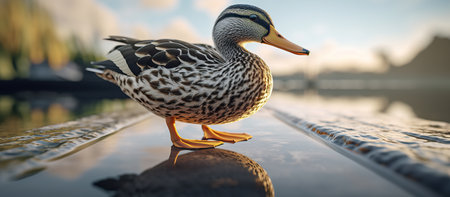 Mallard duck standing on the edge of a lake in winterの素材
