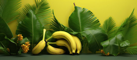 Banana and tropical leaves on green background. 3d render illustrationの素材