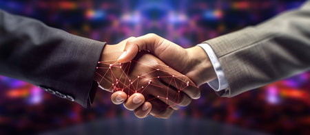 Close up of two businessmen shaking hands on abstract blurred background 3D renderingの素材