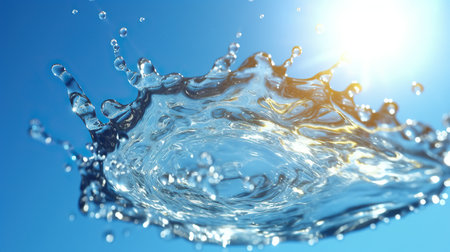 water splash on blue background with sun rays and bokeh effectの素材
