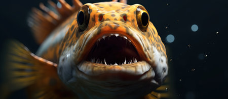 Angry fish with sharp teeth on black background. 3d renderingの素材