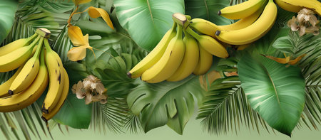 Banana background with tropical leaves and fruits. 3d illustration.の素材
