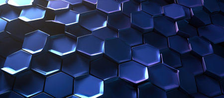 3d rendering of abstract metallic background with blue and black hexagonsの素材