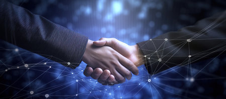 Close-up of business people shaking hands against blue technology background 3D renderingの素材