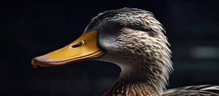 Close up portrait of a mallard duck, isolated on black backgroundの素材