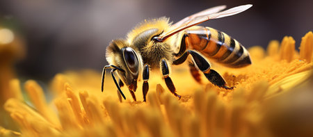 Macro shot of a bee on a yellow dandelion flowerの素材