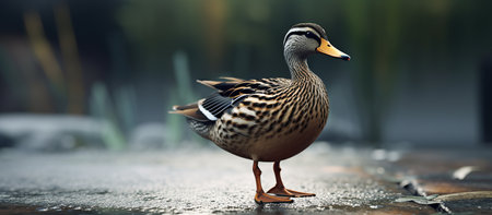 Mallard duck walking on the street in the early morning.の素材
