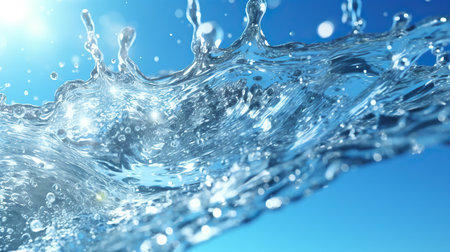 Water splash with bubbles on blue background. 3d render illustration.の素材