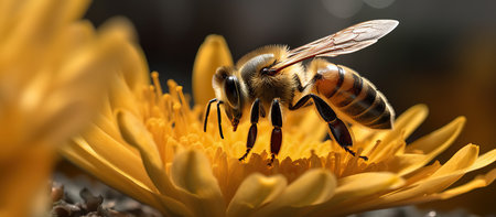 Bee on yellow flower. Macro shot with shallow depth of field.の素材