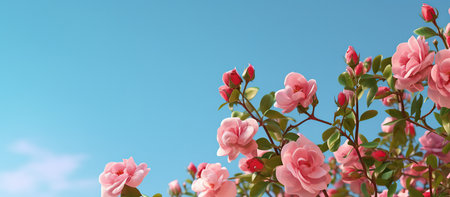 Pink camellia flowers on a background of blue sky and cloudsの素材