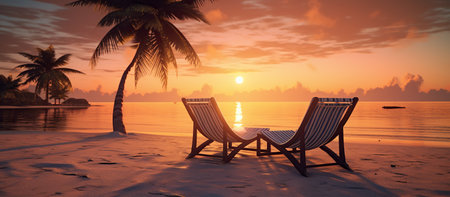 Two chaise lounges on a tropical beach at sunset.の素材