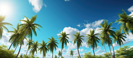 Palm trees on blue sky background. Panoramic photo.の素材