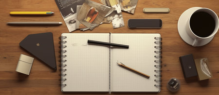 Top view of office desk table with open notebook, coffee cup, stationery and other objects.の素材